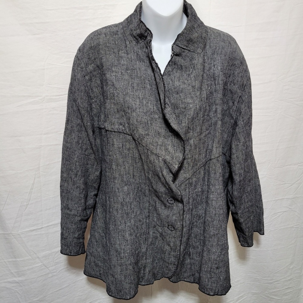 Cynthia Ashby‎ Jacket Womens Size Medium Black White Striped Linen Snap Buttons